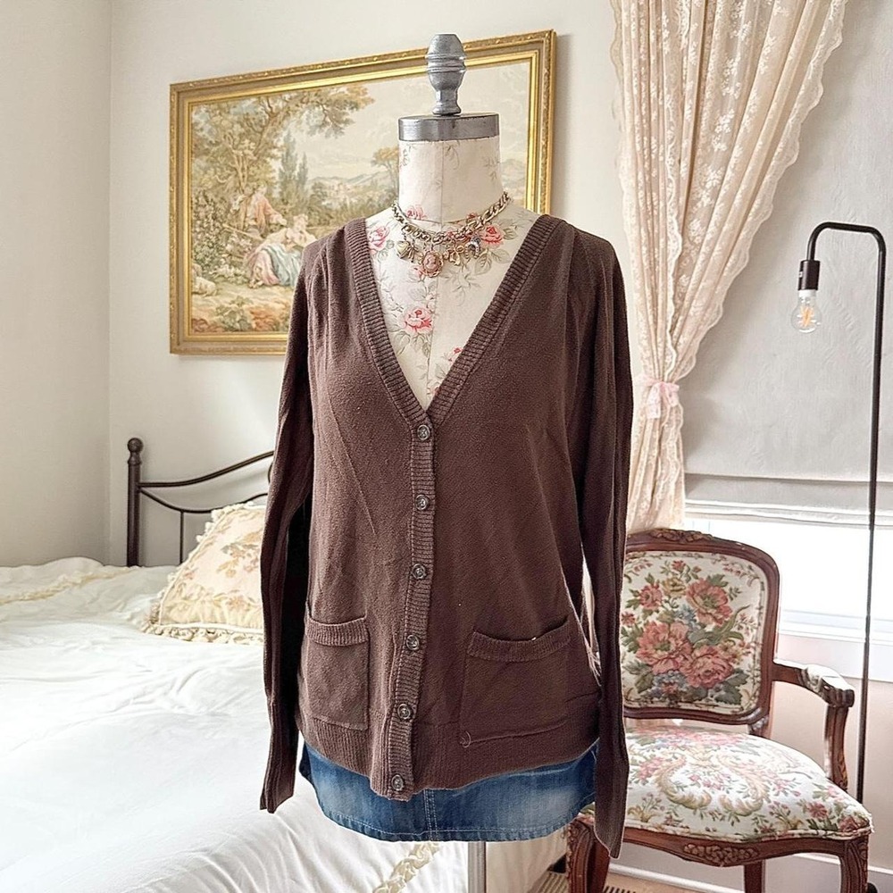 brown boyfriend cardigan  Y2K Faded Glory medium chocolate brown button front
